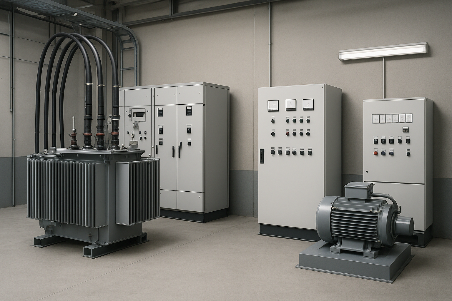 Vista fotorealista de una instalación eléctrica industrial con sistemas de media tensión y baja tensión, incluyendo transformadores y tableros de control en un entorno de planta industrial.