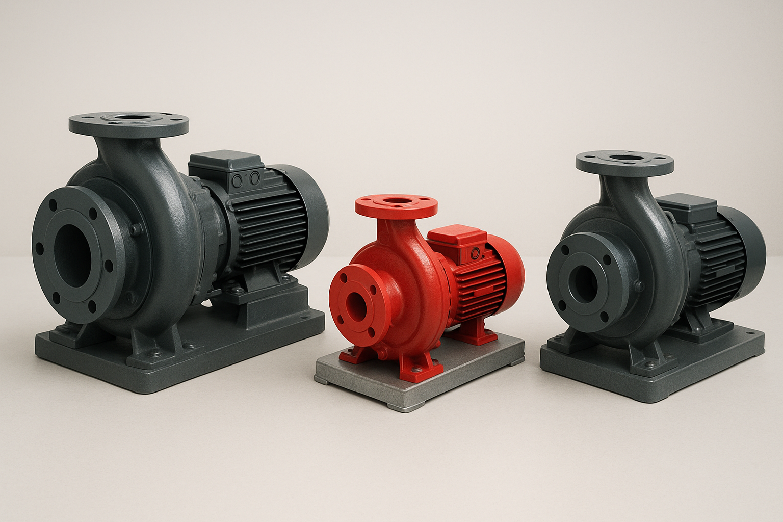 Industrial facility with various types of pumps installed including centrifugal and submersible models connected to piping systems inside a modern plant, warehouse, or logistics center.
