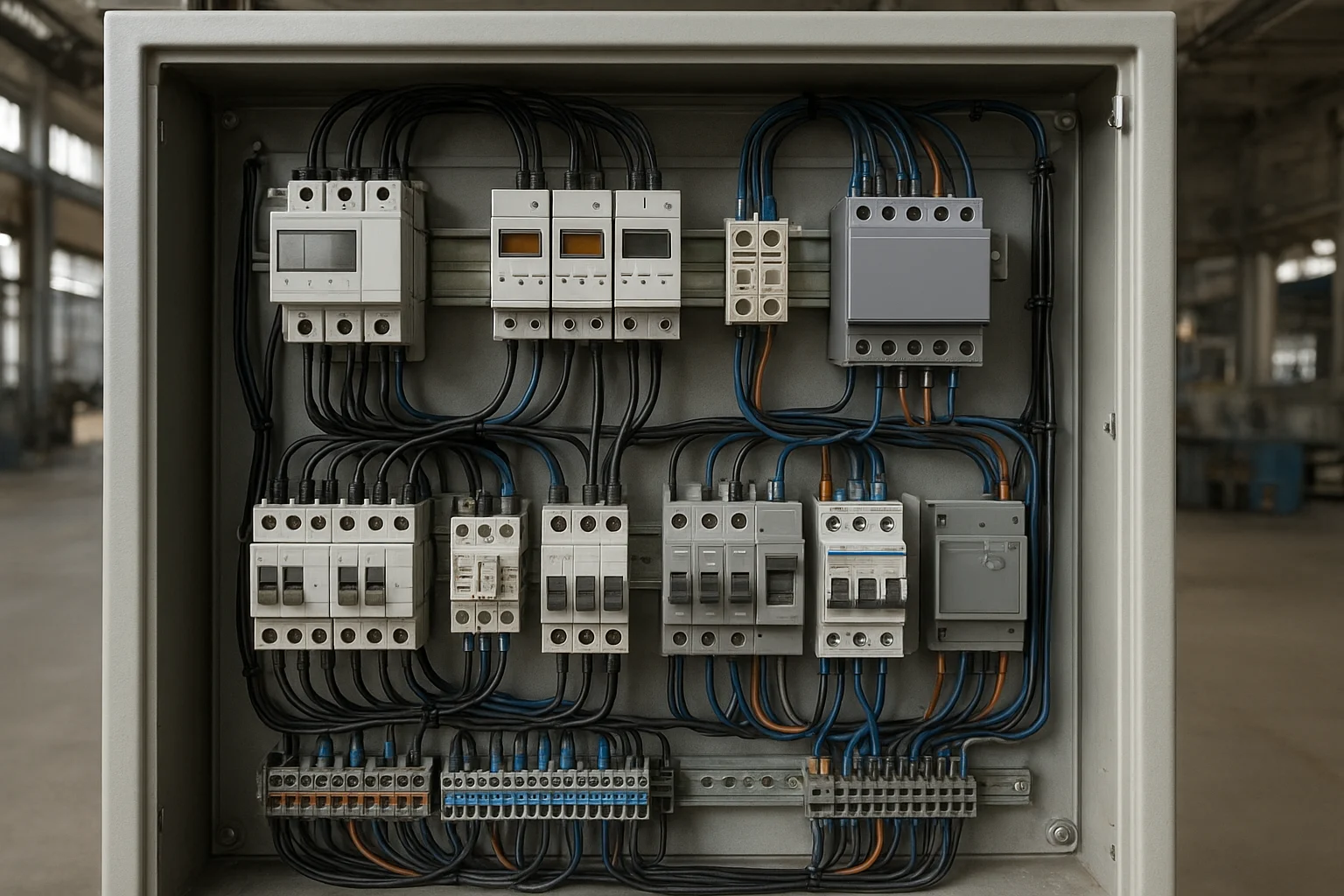 Tablero eléctrico industrial dentro de un gabinete metálico con componentes eléctricos organizados en una planta industrial