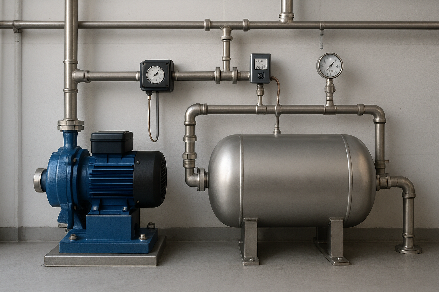 Mechanical room inside a high-rise building showing a complete hydropneumatic system with large pressure tanks and industrial pumps connected by pipes and control panels.