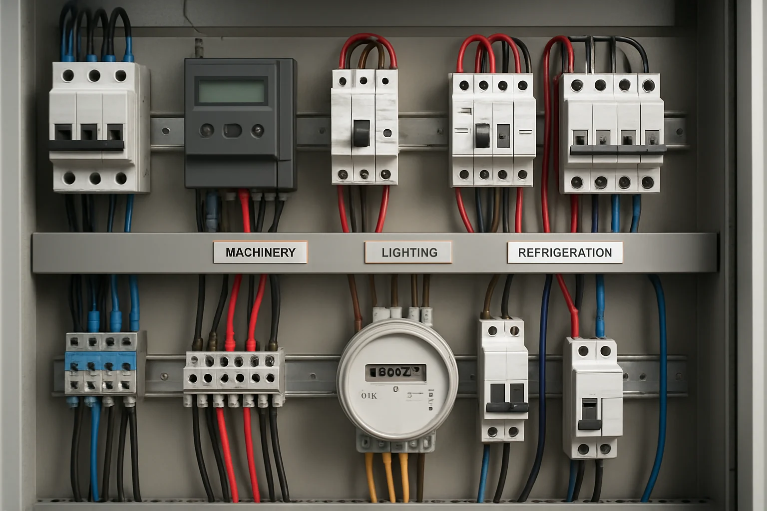 Vista interior de una bodega industrial mostrando tableros eléctricos, cables organizados y maquinaria conectada a instalaciones eléctricas profesionales.