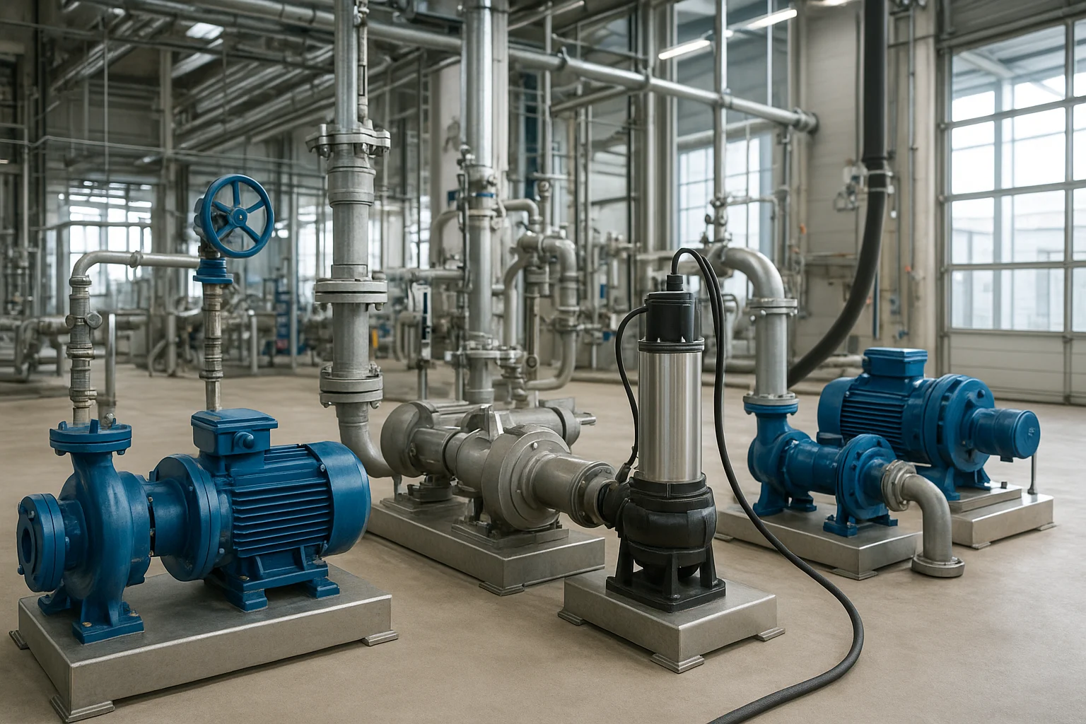 Bombas industriales instaladas en planta, bodega y centro logístico para manejo eficiente de agua.