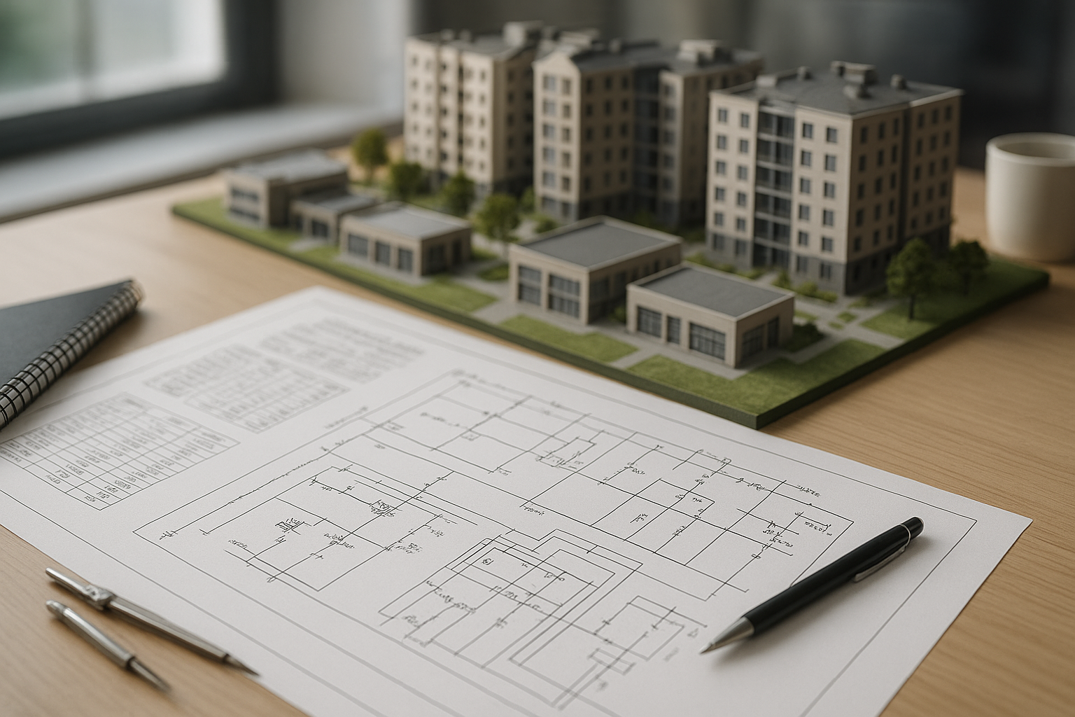 Photorealistic view of an electrical substation with transformers and power lines connected to a residential and commercial development under clear daylight.