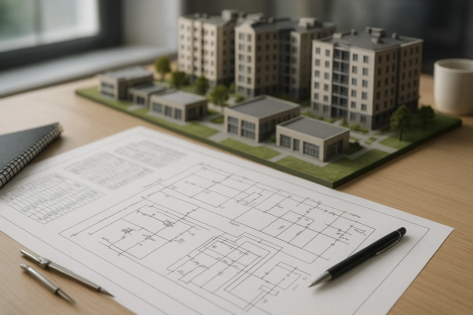 Photorealistic view of an electrical substation with transformers and power lines connected to a residential and commercial development under clear daylight.
