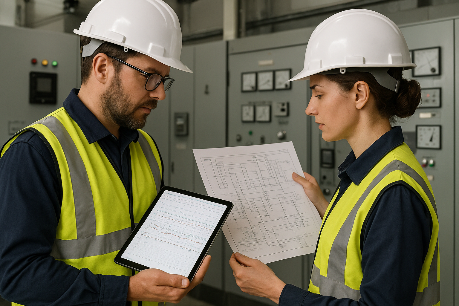 Detalle de una subestación eléctrica industrial con transformadores y líneas de alta tensión conectada a una planta de producción bajo luz natural