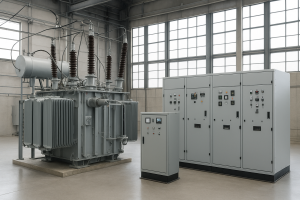 Vista fotorealista de una instalación eléctrica industrial con sistemas de media tensión y baja tensión, incluyendo transformadores y tableros de control en un entorno de planta industrial.