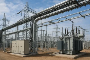 Infraestructura eléctrica industrial en obra comercial con transformadores y cableado técnico especializado