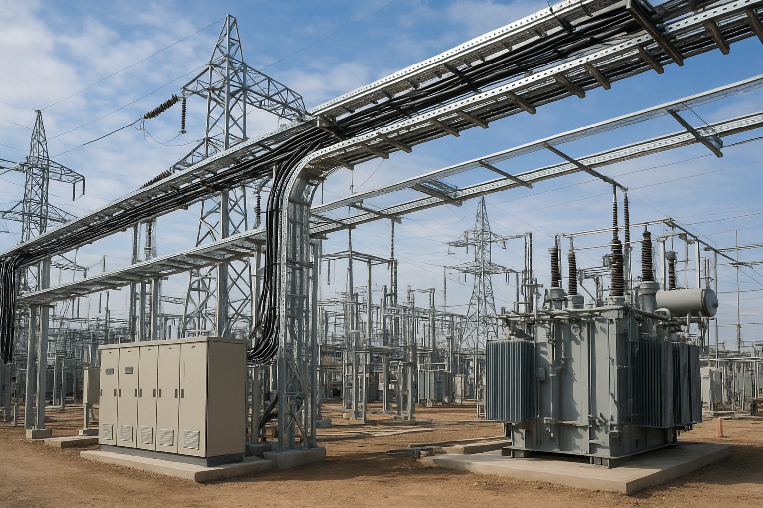 Vista panorámica de una obra industrial con infraestructura eléctrica compleja y transformadores instalados en un entorno comercial o industrial, mostrando cableado y equipos técnicos.
