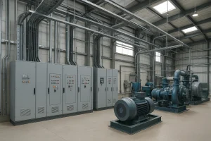 Instalación eléctrica industrial en bodega con tableros eléctricos organizados y maquinaria conectada