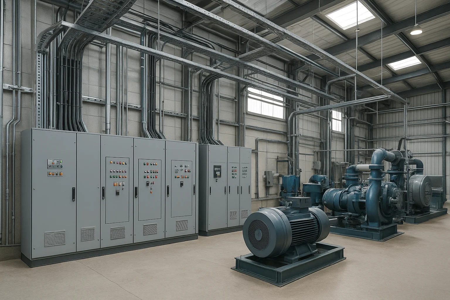 Instalación eléctrica industrial en bodega con tableros eléctricos organizados y maquinaria conectada