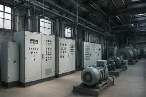 Instalación eléctrica industrial con tableros y maquinaria en planta o nave para control de carga eléctrica.