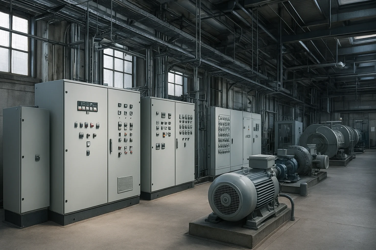 Instalación eléctrica industrial con tableros y maquinaria en planta o nave para control de carga eléctrica.