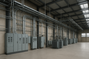 Interior of an industrial warehouse showing a detailed electrical installation with panels, conduits, transformers, and cable trays under natural daylight
