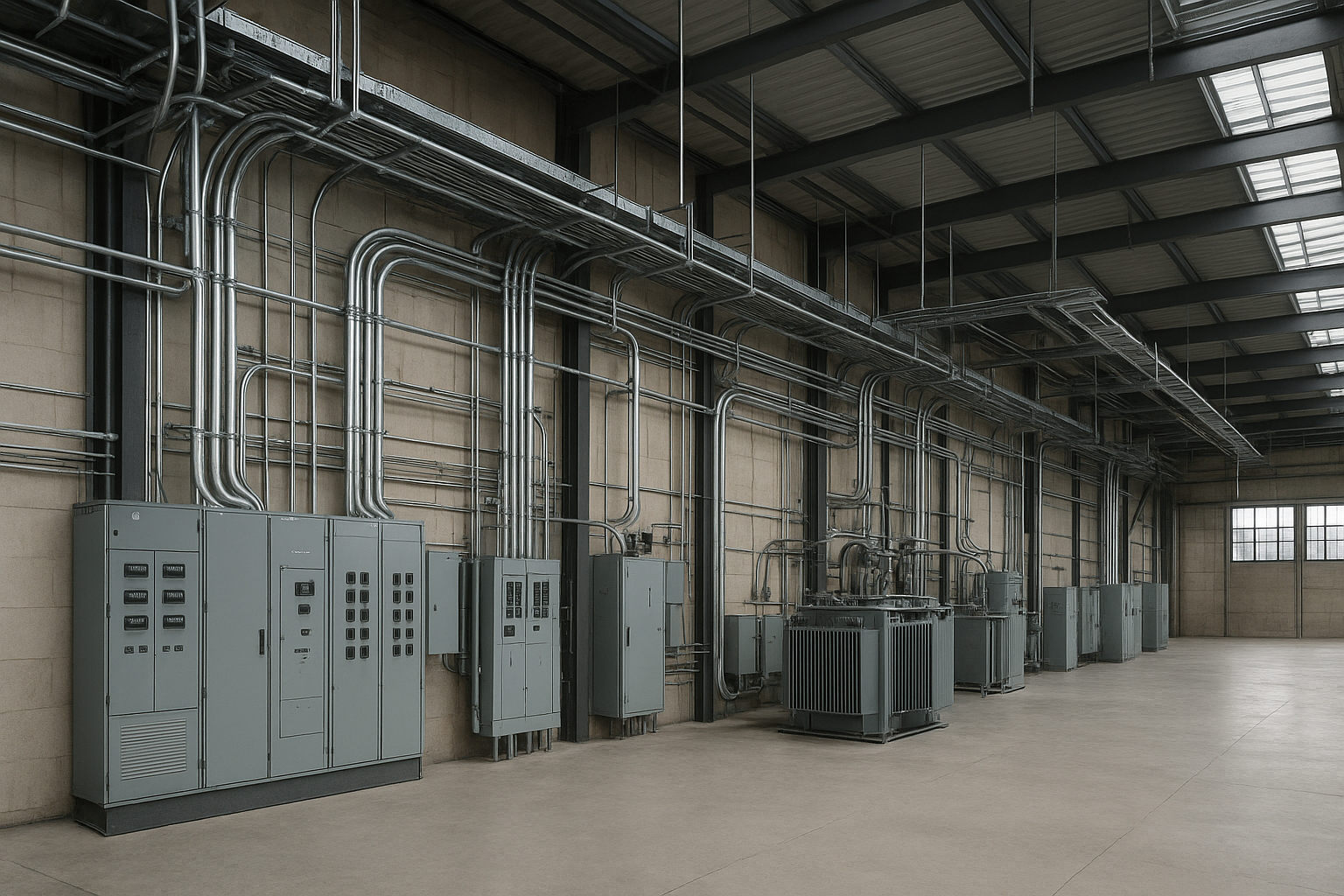 Interior of an industrial warehouse showing a detailed electrical installation with panels, conduits, transformers, and cable trays under natural daylight
