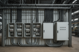 Vista interior de una nave industrial con tableros eléctricos y cableado organizado para distribución de energía