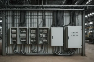 Instalación eléctrica organizada con tableros y cableado en nave industrial para distribución de energía