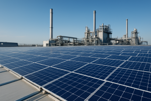 Vista aérea de la cubierta de una planta industrial con paneles solares fotovoltaicos instalados en amplia superficie bajo un cielo despejado