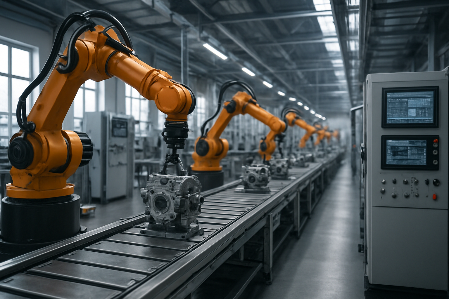 Línea de producción industrial con brazos robóticos automatizados ensamblando piezas en un entorno limpio y moderno