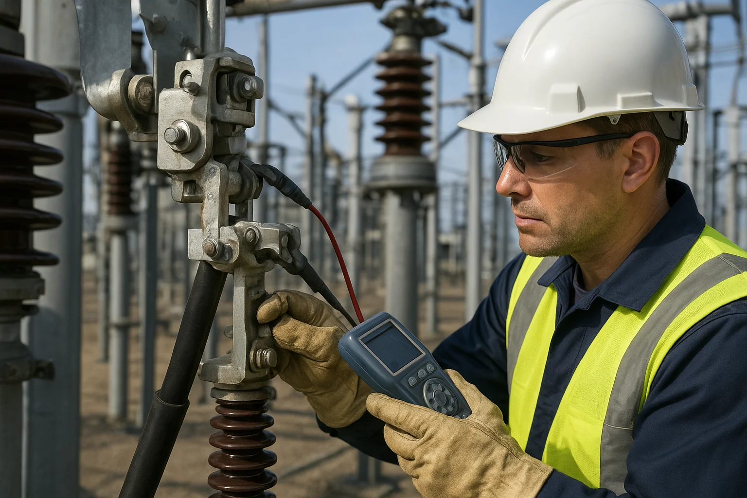 Vista fotorealista y amplia de una subestación eléctrica con transformadores, interruptores y sistemas de distribución de energía en un entorno industrial limpio y ordenado.
