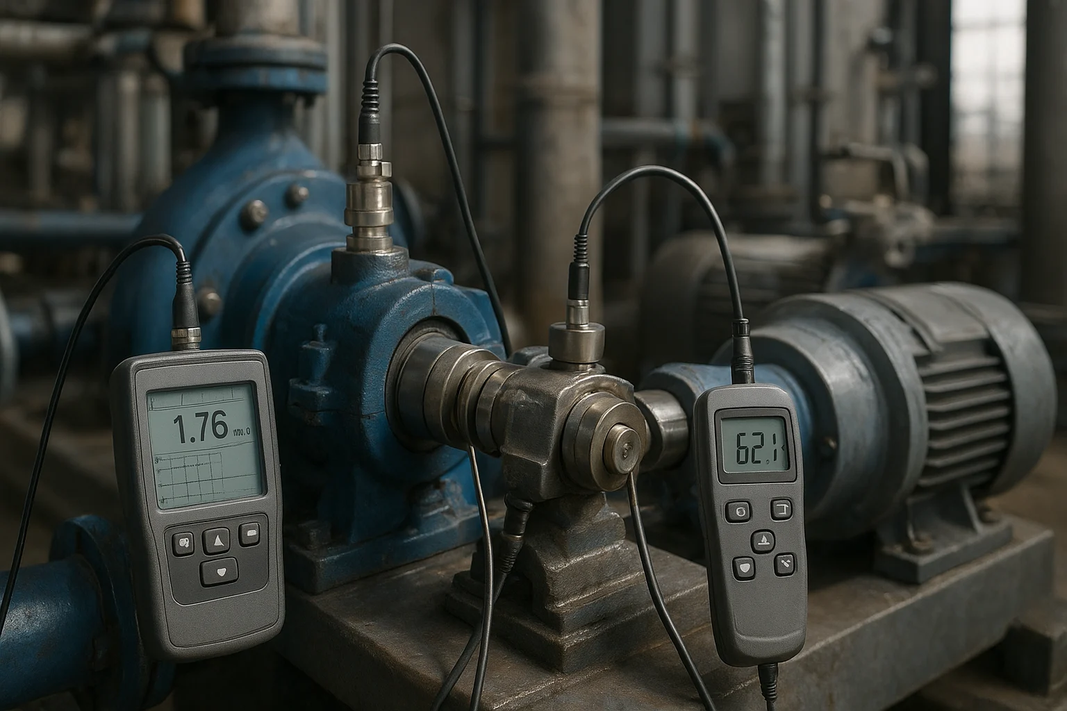 Photorealistic image of an industrial pumping system with pipes, a motor, and a centrifugal pump in a clean plant interior