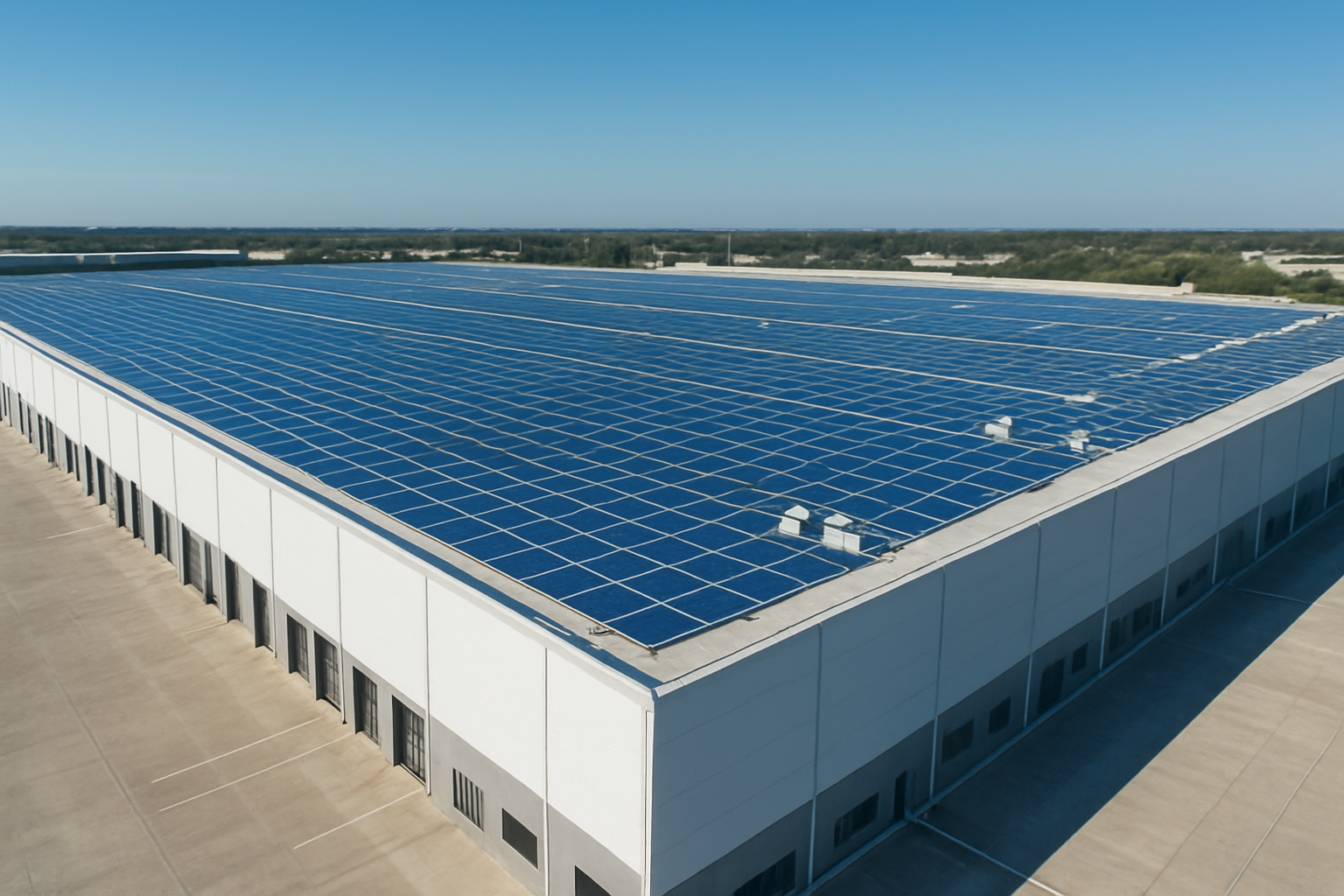 Large industrial warehouse with an extensive rooftop installation of solar panels under a clear sky