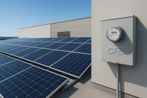 Paneles solares instalados en techo de edificio industrial con medidor eléctrico CFE visible