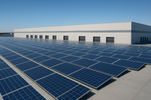 Techo amplio de una nave industrial cubierto con paneles solares instalados en un día soleado
