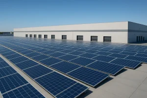 Paneles solares instalados en el techo de una nave industrial para energía renovable