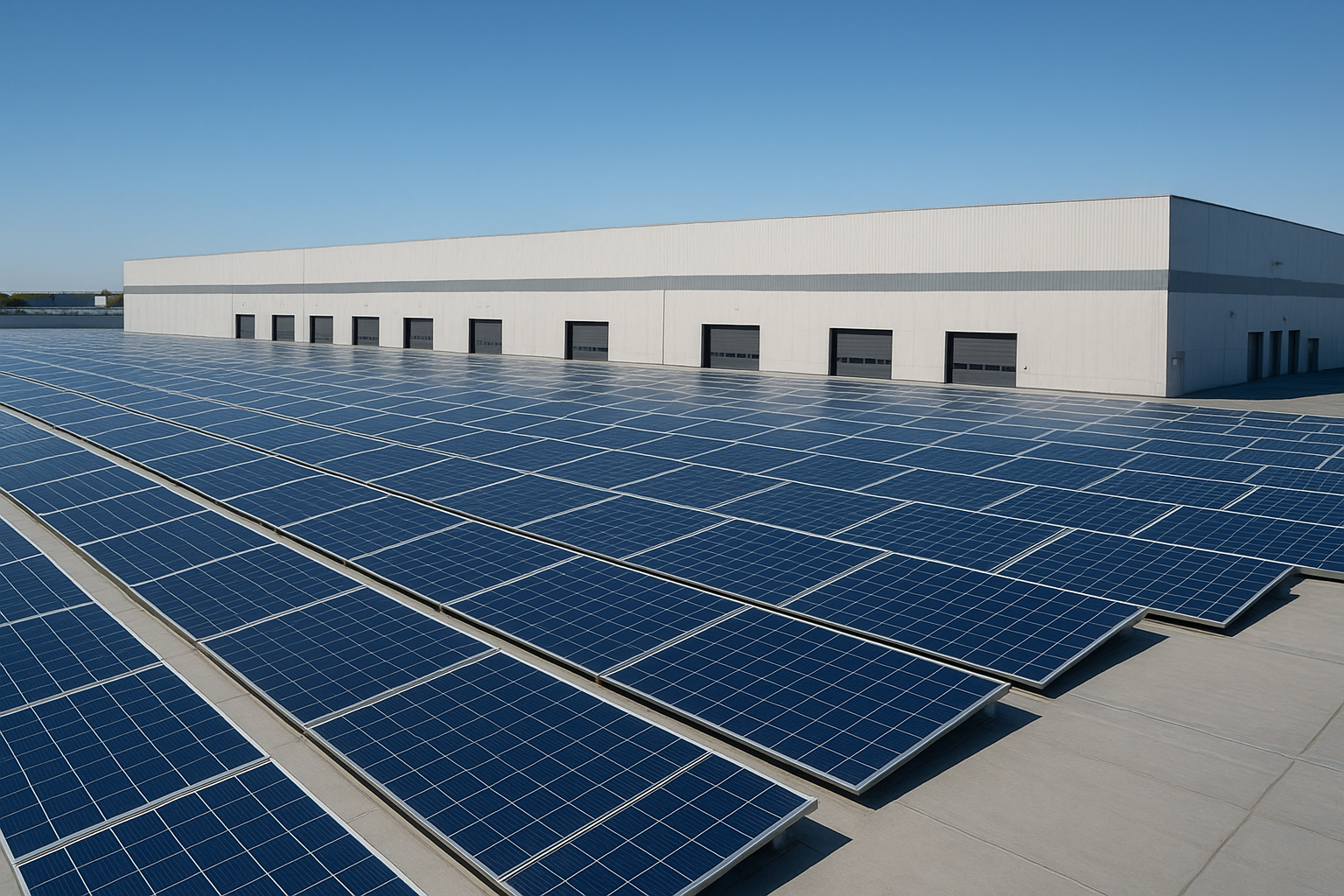 Techo amplio de una nave industrial cubierto con paneles solares instalados en un día soleado