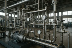 Red hidráulica industrial con tuberías, válvulas y medidores en planta de producción para sistemas de automatización