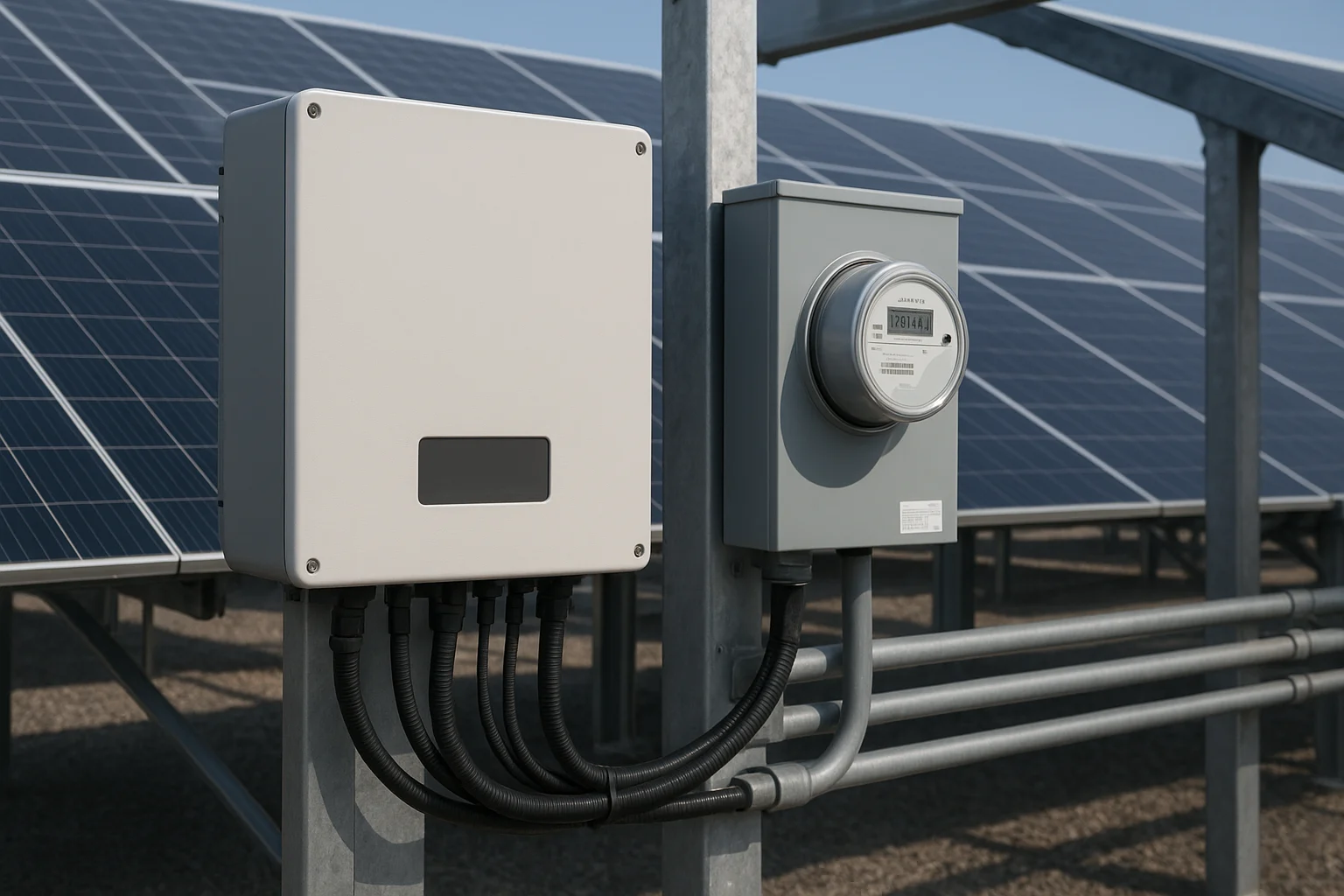 Rooftop of a commercial building with solar panel arrays installed under clear sky providing renewable energy