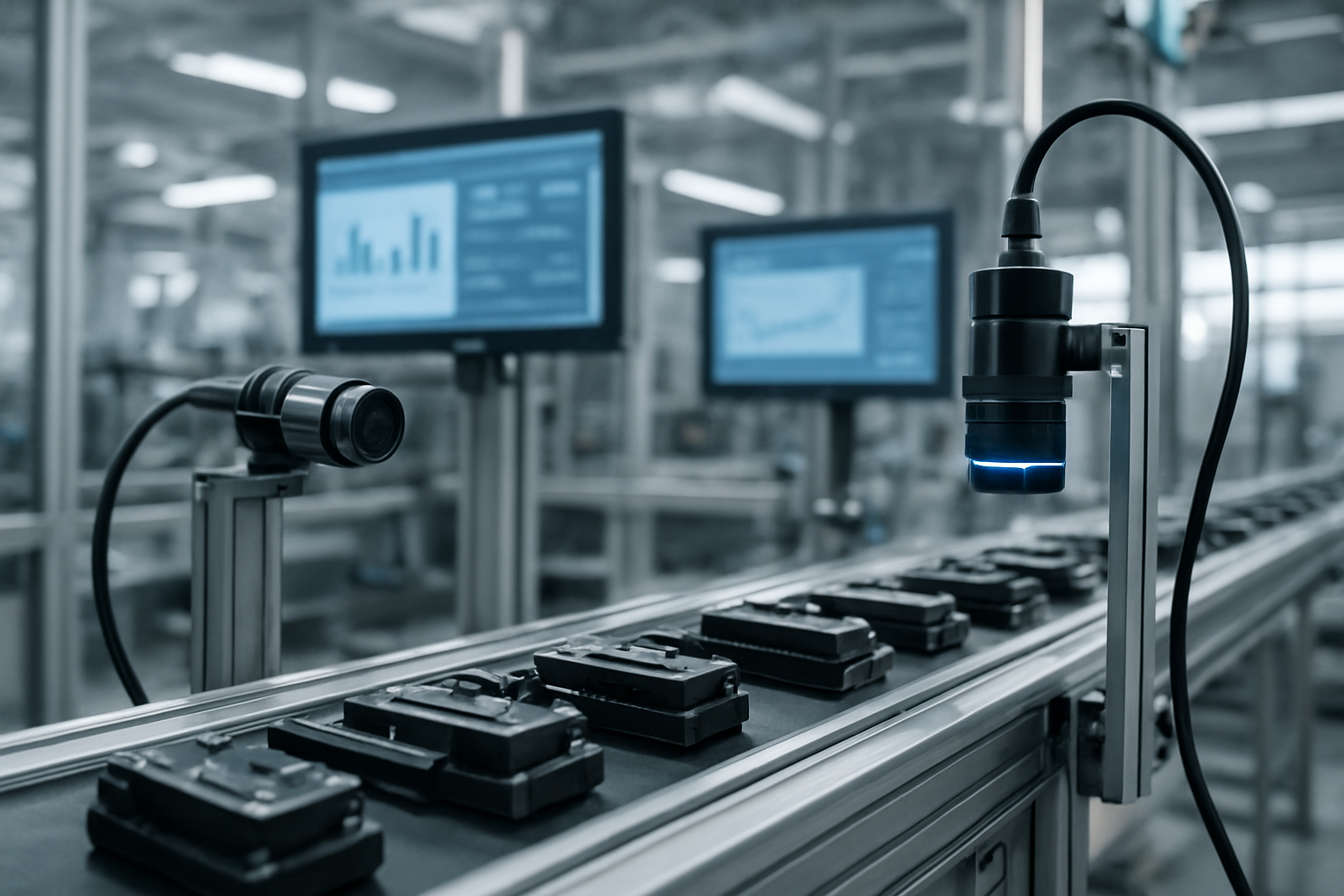 Línea de producción industrial con brazos robóticos automatizados ensamblando piezas en un entorno limpio y moderno