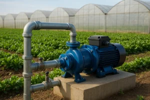 Sistema de bombeo centrífugo profesional instalado para riego en invernadero y agroindustria