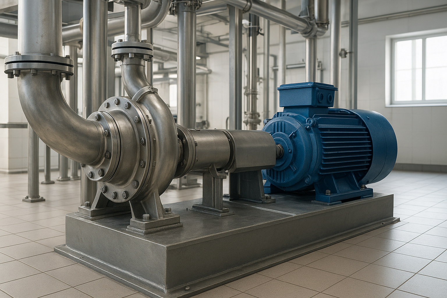 Photorealistic image of an industrial pumping system with pipes, a motor, and a centrifugal pump in a clean plant interior