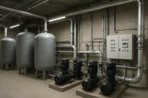 Mechanical room inside a high-rise building showing a complete hydropneumatic system with large pressure tanks and industrial pumps connected by pipes and control panels.
