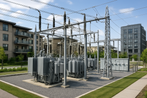 Fotografía realista de una subestación eléctrica moderna dentro de un desarrollo inmobiliario, mostrando transformadores y líneas de alta tensión integrados con edificios circundantes.