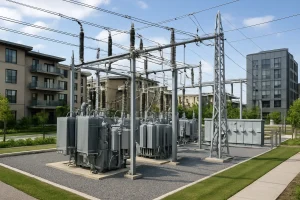 Subestación eléctrica moderna en un desarrollo inmobiliario con transformadores y líneas de alta tensión.