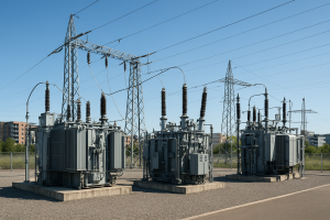 Photorealistic view of an electrical substation with transformers and power lines connected to a residential and commercial development under clear daylight.