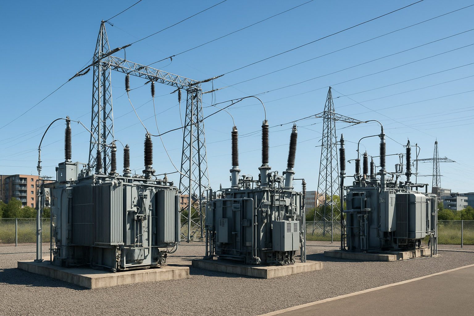 Photorealistic view of an electrical substation with transformers and power lines connected to a residential and commercial development under clear daylight.