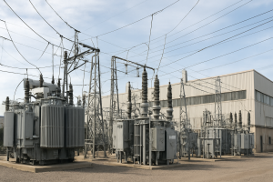 Detalle de una subestación eléctrica industrial con transformadores y líneas de alta tensión conectada a una planta de producción bajo luz natural