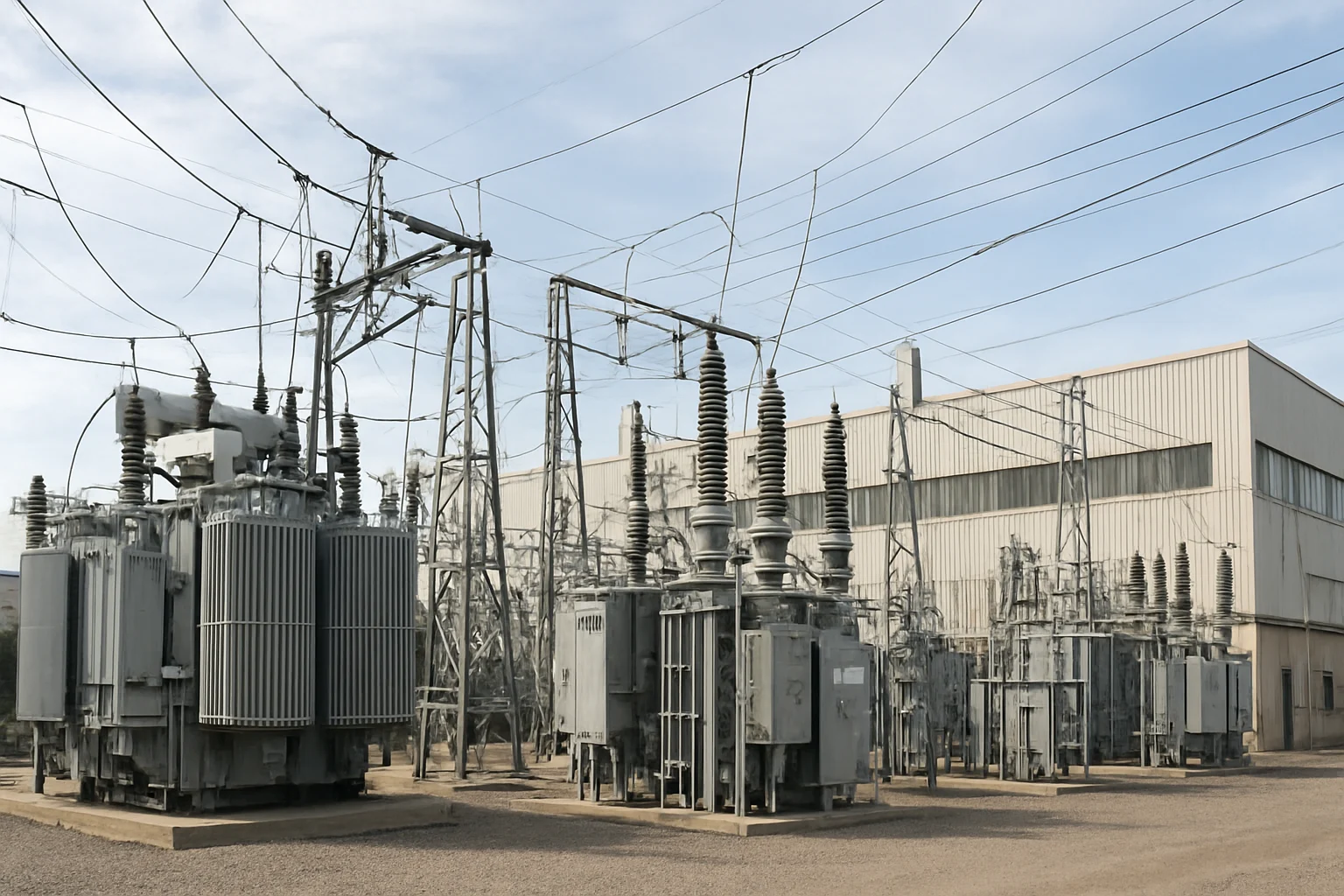 Subestación eléctrica industrial con transformadores vinculada a planta de producción en entorno industrial