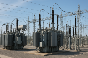 Fotografía profesional y realista de una subestación eléctrica industrial con transformadores y equipos de alta tensión en un entorno exterior bien iluminado.