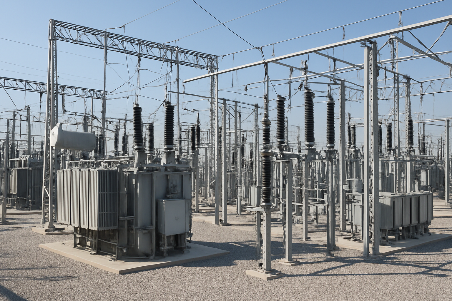 Vista fotorealista y amplia de una subestación eléctrica con transformadores, interruptores y sistemas de distribución de energía en un entorno industrial limpio y ordenado.