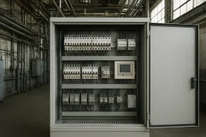 Tablero eléctrico industrial en gabinete metálico con componentes organizados en planta industrial