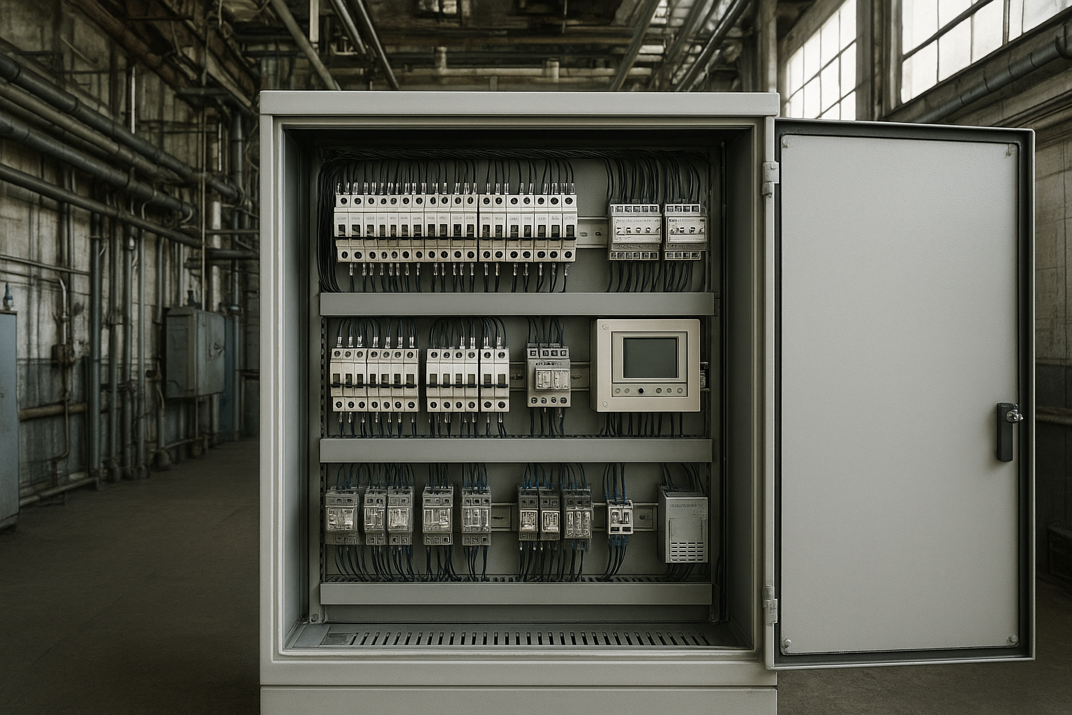 Tablero eléctrico industrial dentro de un gabinete metálico con componentes eléctricos organizados en una planta industrial